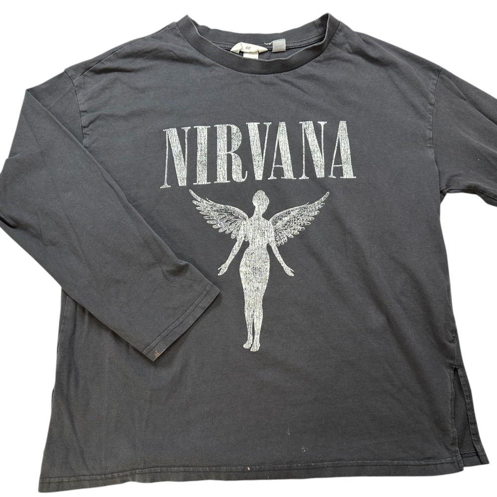 H&M Charcoal Gay NIRVANA Band Long Sleeve Cotton T-Shirt Women's Medium